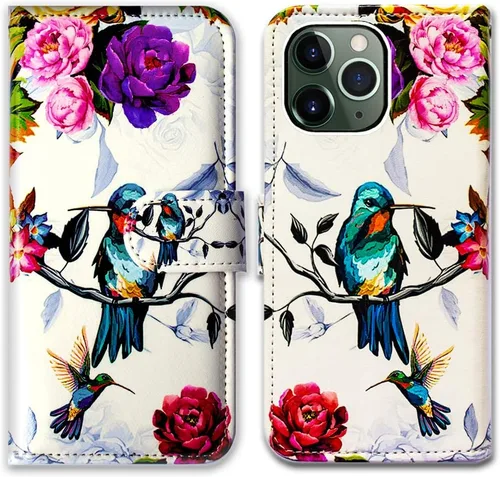 Vista 14 de Bcov Funda para iPhone 11 Pro Max, diseño de pájaro negro y verde con tapa de cuero con ranura para tarjeta de crédito, soporte para tarjeta