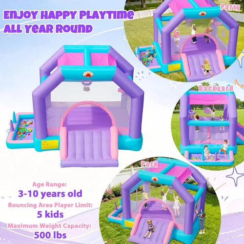 Vista 4 de Inflatable Bounce House with Blower, Jumping Castle for 5 Kids