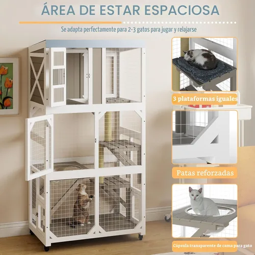 Vista 3 de Ketive Catio grande de madera para exteriores de 64", casa para gatos de ventana con ruedas y 3 plataformas, jaula para gatitos con techo resistente