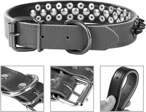 Vista 2 de Collar de perro con tachuelas, collar de perro de cuero genuino, collares ajustables para mascotas pequeñas o medianas (S, negro-1)