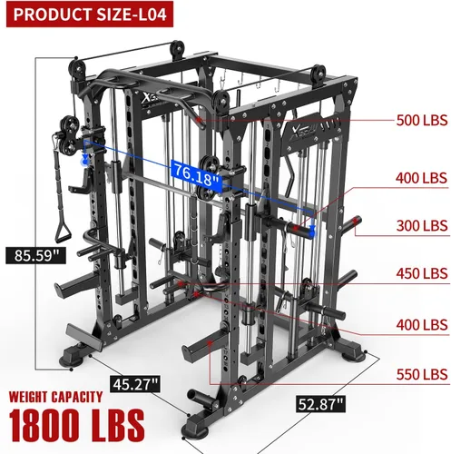 Vista 3 de Rack Multiusos para Sentadillas, Conjunto de Rack de Pesas Smith Machine con Sistema de Crossover de Cables, Racks de Potencia para Gimnasio