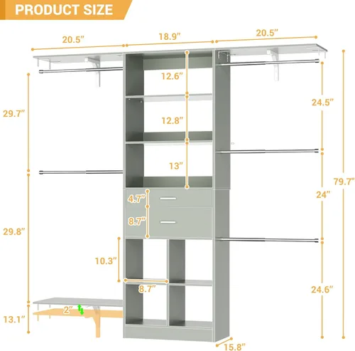 Vista 3 de Sistema de armario pequeño de 5 pies, sistema organizador de armario para bebés con cajones de madera, sistema de vestidor de 60 pulgadas con 5