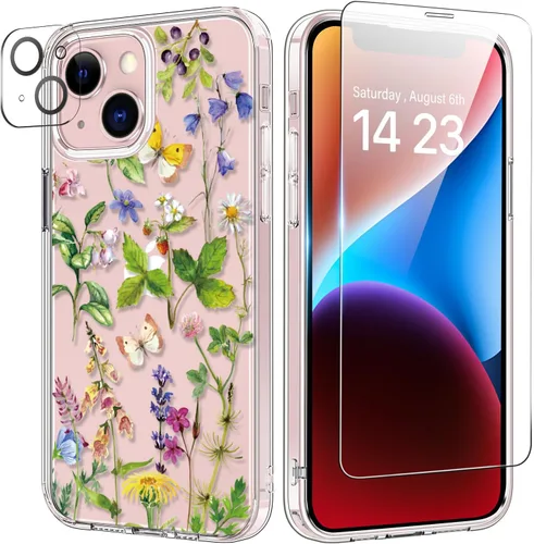Vista 62 de bicol Funda para iPhone 14 Plus con Protector de Pantalla y Lente de Cámara - Diseños Florales de Moda para Mujeres y Niñas - Funda Transparente