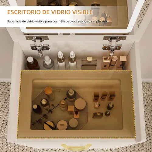 Vista 4 de Escritorio de tocador 3 en 1 con espejo abatible y luces, tocador compacto con silla oculta, escritorio de vidrio visible, 3 cajones, 3 modos