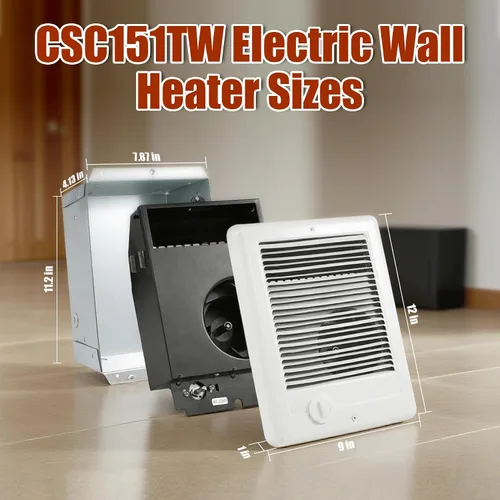 Vista 3 de Calentador eléctrico de pared CSC151TW unidad completa, calentador eléctrico montado en la pared para uso en interiores, 1500 vatios, 5120 BTU, 120