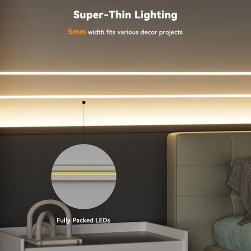 Vista 4 de PAUTIX Tira de luz LED COB de 5 mm 16.4 pies/5 m 3000K Blanco cálido 504 LEDs/m, Cinta LED flexible DC24V para gabinete Hogar Proyectos
