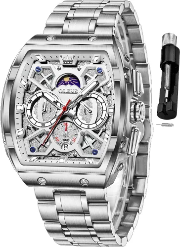 Vista 18 de OLEVS Men Watches Business Dress Chronograph Big Square Quartz Analog Male Watch Silicone Strap Waterproof Date Gift Mens Wrsit Watch Silver