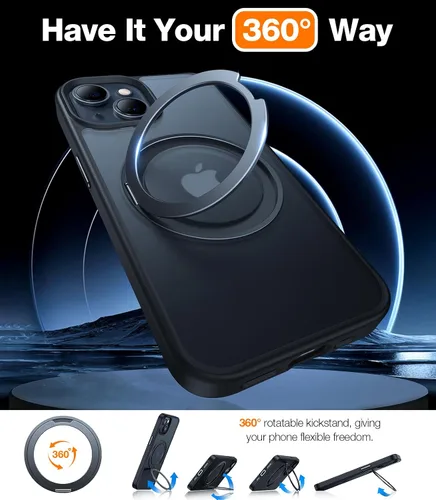 Vista 3 de TORRAS Funda con soporte giratorio de 360° para iPhone 15/iPhone 14, compatible con MagSafe, soporte de anillo magnético