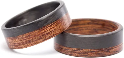 Vista 2 de Set of two carbon fiber and bentwood cedro wedding bands. Wooden matte rings. Water resistant and hypoallergenic. (00404_7N_00405_7N)
