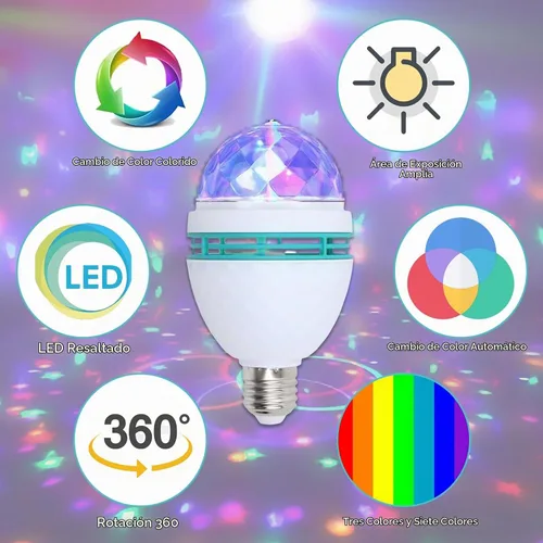 Vista 3 de 1 paquete de bombilla LED giratoria de color E26, bombillas LED para fiestas, luces de escenario multi cristal para discoteca, bombilla