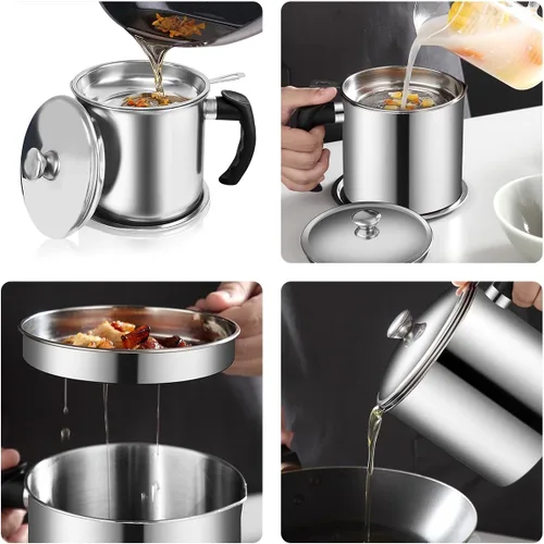 Vista 4 de Contenedor de grasa con filtro de malla fina olla tanque de almacenamiento de aceite de cocina (1.8 L plateado)