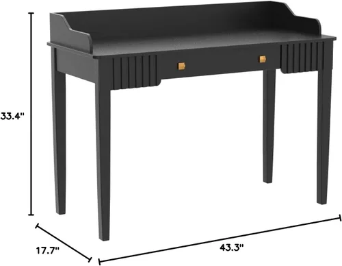 Vista 2 de Escritorio de maquillaje de madera negra que ahorra espacio, mesa moderna para computadora con cajones y asas doradas