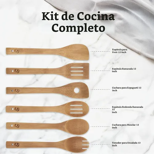 Vista 2 de PriorityChef Cucharas de Madera para Cocinar, 6 Piezas de Utensilios de Cocina de Bambú Antiarañazos, Juego de Utensilios de Madera No Tóxicos