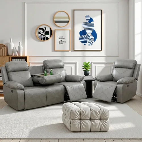 Vista 12 de Air Leather - Juego de sofá reclinable eléctrico con LED, juegos de muebles de sala de estar, juego de sofá reclinable eléctrico con puertos USB