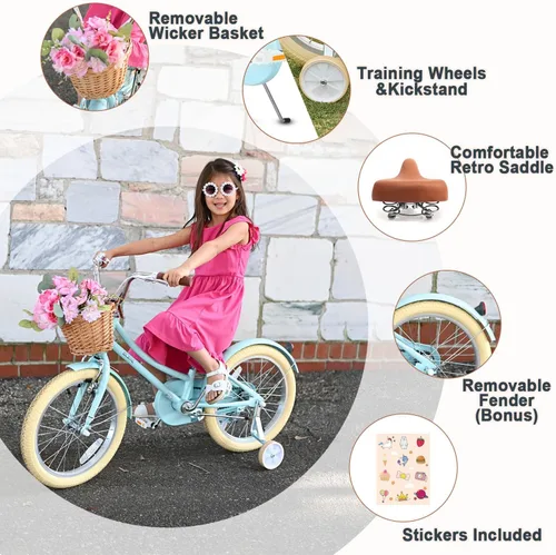 Vista 2 de Glerc Little Molly - Bicicleta de crucero retro para niños de 2 a 13 años de edad con cesta de mimbre y ruedas de entrenamiento/soporte, varios
