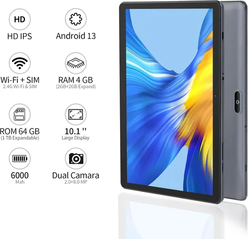 Vista 2 de PRITOM Tablet Android de 10 pulgadas, M10, tableta Android de 64 GB, pantalla táctil IPS HD de 10.1 pulgadas, GPS, FM, procesador de cuatro núcleos