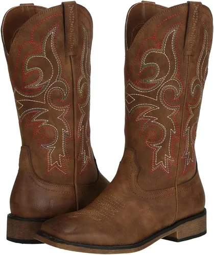 Vista 3 de J's.o.l.e Botas vaqueras de punta cuadrada para mujer, de media pantorrilla, con tacón grueso, bordado retro, botas occidentales