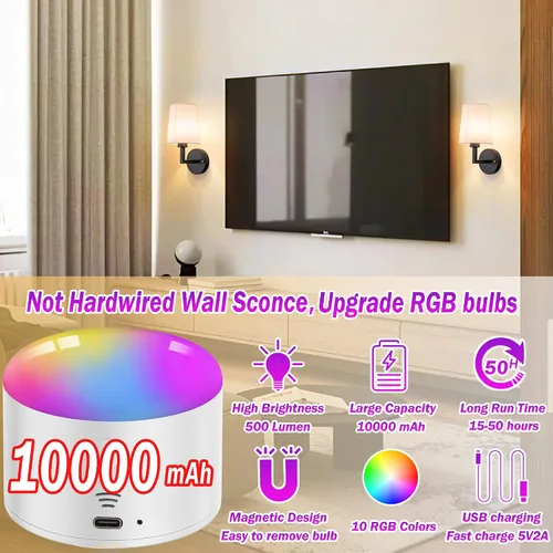 Vista 3 de Juego de dos apliques de pared modernos que funcionan con pilas, con control remoto, lámpara de pared inalámbrica para interiores, lámpara de pared