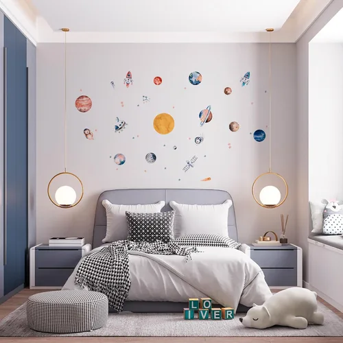 Vista 4 de Lipastick - Calcomanías de pared con temática de planetas y espacio para niños y niñas, calcomanías de vinilo para dormitorio de niños y niñas
