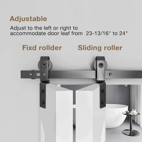 Vista 3 de Kit de herrajes para puerta de granero plegable de 52 pulgadas para 2 puertas, rodillo resistente montado en riel negro y en la parte superior, kit