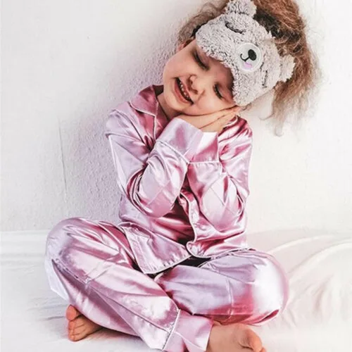 Vista 2 de Conjunto de pijama de satén con botones y pantalones largos, ropa de dormir para niños y niñas