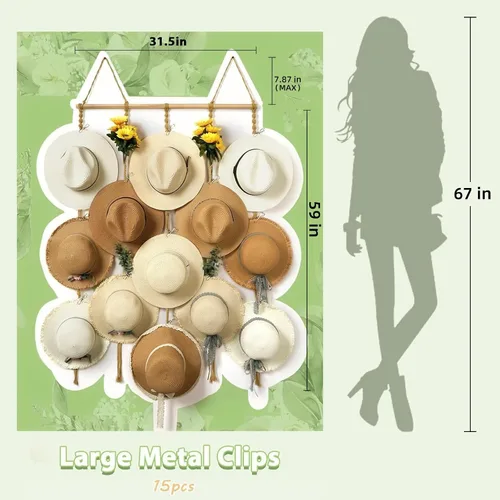 Vista 3 de Organizador de Sombreros de Macramé para Pared 15 Clips 31x53 Pulgadas Colgadores Grandes Exhibidor para Sombreros Fedora para Soporte de Sombreros