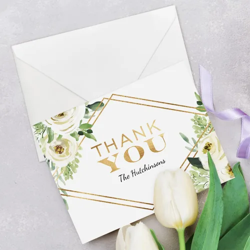 Vista 4 de Tarjetas de agradecimiento personalizadas con flores blancas de oro sintético, 100 tarjetas de agradecimiento modernas con sobres blancos, 4 1/4 x 5