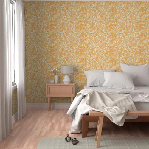 Vista 5 de Papel tapiz para despegar y pegar, diseño floral vintage de los años 70, flores amarillas melocotón, papel tapiz extraíble personalizado Spoonflower