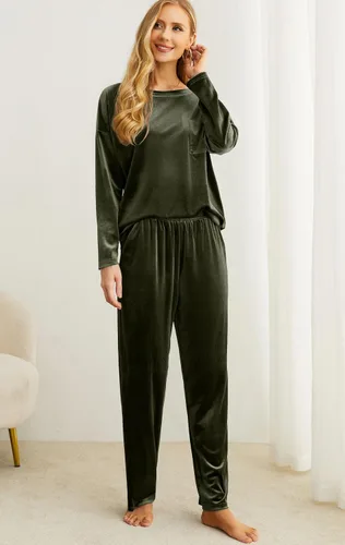 Vista 4 de PrinStory Conjunto de pijama 2024 para mujer, ropa de dormir de terciopelo de 2 piezas, pijamas suaves con bolsillos