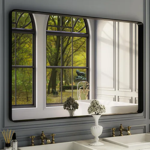 Vista 13 de ISKM Espejo con marco negro para pared de 20 x 16 pulgadas, espejo de tocador de baño antioxidante, vidrio templado, espejo rectangular redondeado