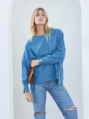 Vista 7 de MEROKEETY Sudadera holgada casual de manga larga tipo farol para mujer, cuello redondo, abertura lateral, 2023
