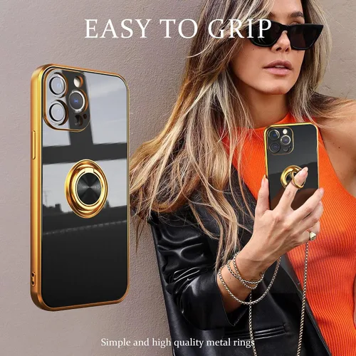 Vista 4 de IDweel Funda para iPhone 13 Pro Max con soporte de anillo de 360°, soporte magnético, ligera, delgada, borde de oro rosa, TPU suave, protección