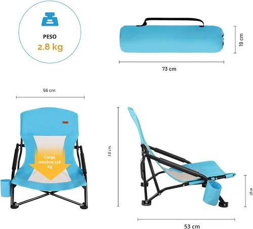 Vista 3 de TOBTOS Silla de playa baja para adultos, paquete de 2, plegable de perfil bajo con portavasos y bolsa de transporte, silla resistente para arena al
