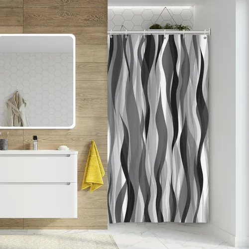 Vista 3 de Cortina de ducha moderna de rayas abstractas negras, blancas y grises, cortina de ducha para decoración de baño geométrica, impermeable, decorativa