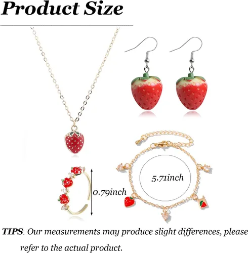 Vista 6 de Long tiantian Juego de joyas de fresa, aretes de fresa, collar, pulsera, anillo, juego de joyería para mujer, joyería de fresa, accesorios de fresa