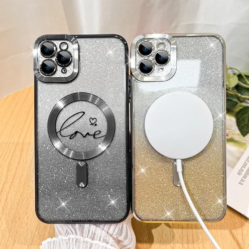 Vista 4 de Fiyart - Funda transparente magnética con purpurina para iPhone 11 Pro Max para mujeres, con grabado "Love" metálico, protección para cámara