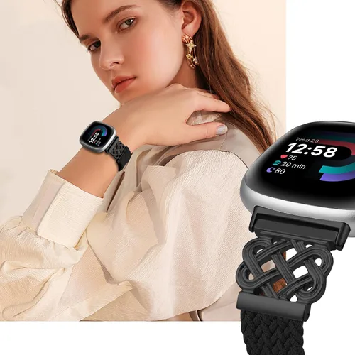Vista 2 de Correa trenzada compatible con Fitbit Versa 4 bandas para mujer/Versa 3/Sense 1/Sense 2, cierre magnético, tela de nailon con correas de hebilla