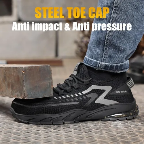 Vista 2 de GLANOUDUN Zapatos de punta de acero para hombre, zapatos de trabajo ligeros para hombres, zapatos de trabajo negros con punta de acero, zapatos
