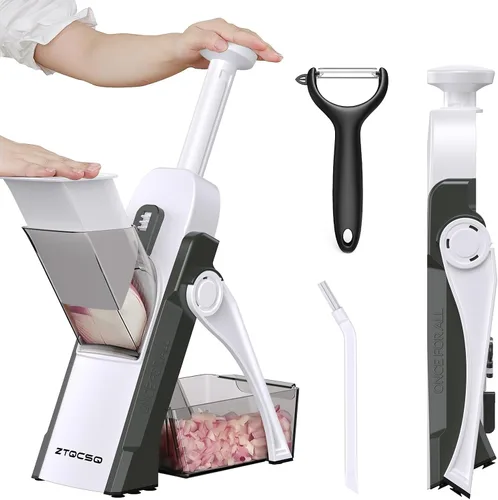 Vista 9 de Cortador de mandolina 5 en 1 seguro para cocina, picador de verduras seguro, cuchillo de pelar, grosor ajustable, fácil de limpiar, rebanador
