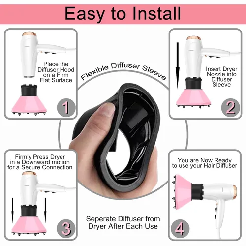 Vista 6 de Difusor universal para secador de pelo, accesorio adaptable para secador de pelo para boquillas de secador de pelo de 4.3 a 5.6 cm de diámetro (Rosa)