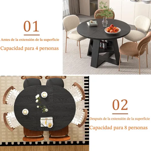 Vista 4 de Mesa de comedor redonda extensible de 43.3 a 59 pulgadas para 4 a 8, moderna mesa de comedor ovalada de cocina con hojas extraíbles, ahorro