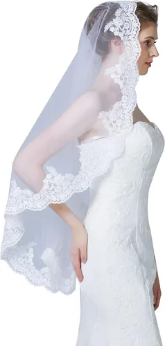 Vista 4 de Velo de novia de boda con peine de 1 nivel, borde de encaje de color marfil