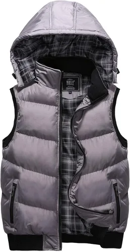 Vista 6 de WENKOMG1 Chaleco con capucha con doble cremallera para hombre, abrigo de color sólido, abrigo cálido y grueso, sin mangas, chaqueta suelta