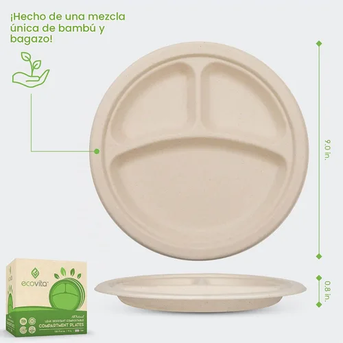 Vista 2 de Ecovita Platos de papel 100 % compostables [9 pulgadas] Compartimentos – 150 platos desechables ecológicos, resistentes, libres de árboles, líquidos