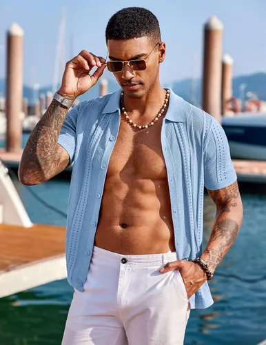 Vista 2 de COOFANDY Camisas de punto de manga corta con botones para hombre, camisas de playa de verano