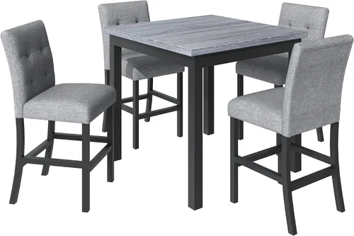 Vista 2 de Elegante juego de mesa de comedor, juego de comedor cuadrado de 5 piezas con altura de mostrador con 4 sillas tapizadas de respaldo alto, diseño
