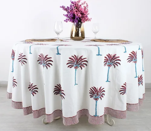 Vista 25 de Mantel redondo con estampado de bloque a mano, 100% algodón, reutilizable, color verde espárragos, 60 pulgadas, mantel decorativo para uso diario