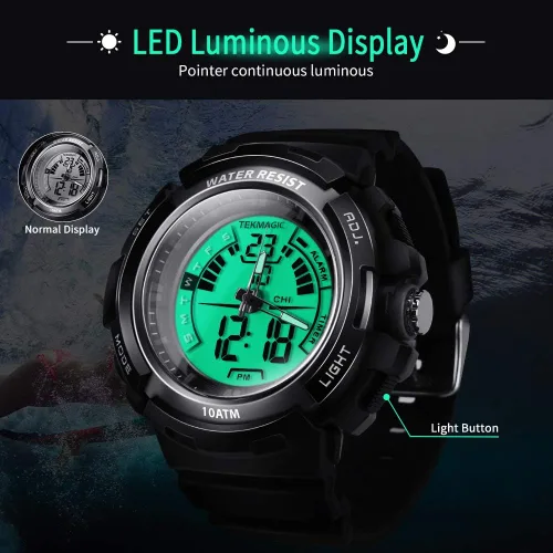 Vista 9 de WISEUP Reloj de buceo deportivo impermeable de 10 cajeros automáticos para hombres, mujeres y niños con temporizador, alarma y linterna LED, formato