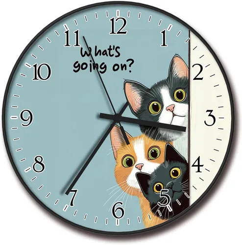 Vista 7 de Reloj de pared de plástico de 8 pulgadas, funciona con pilas, reloj redondo decorativo, gato blanco