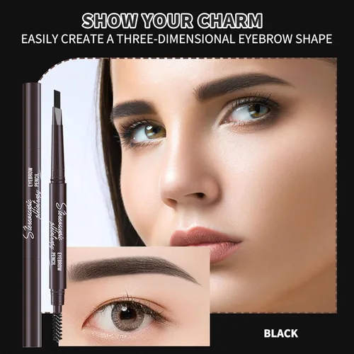 Vista 8 de 12 piezas de lápices de cejas negros impermeables para mujeres, lápiz de cejas retráctil de doble punta con cepillo, diseño de punta triangular, más